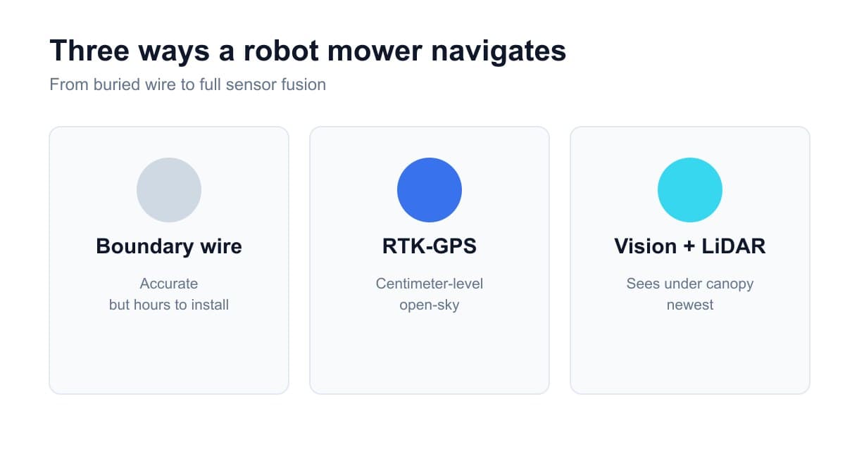Boundary wire, RTK-GPS, and vision/LiDAR compared