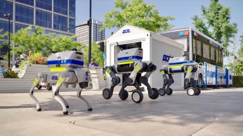 Robot dogs patrolling an urban district with an autonomous charging dock