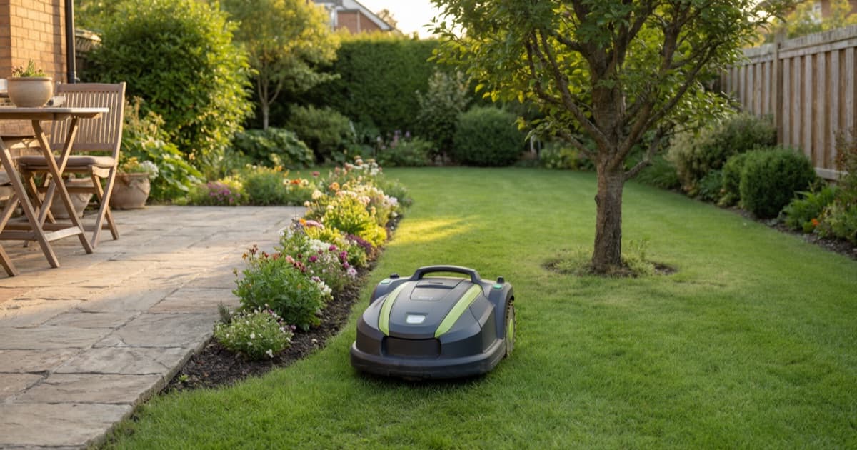 Wire-free robot mower navigating a narrow garden passage between a patio and a flower bed