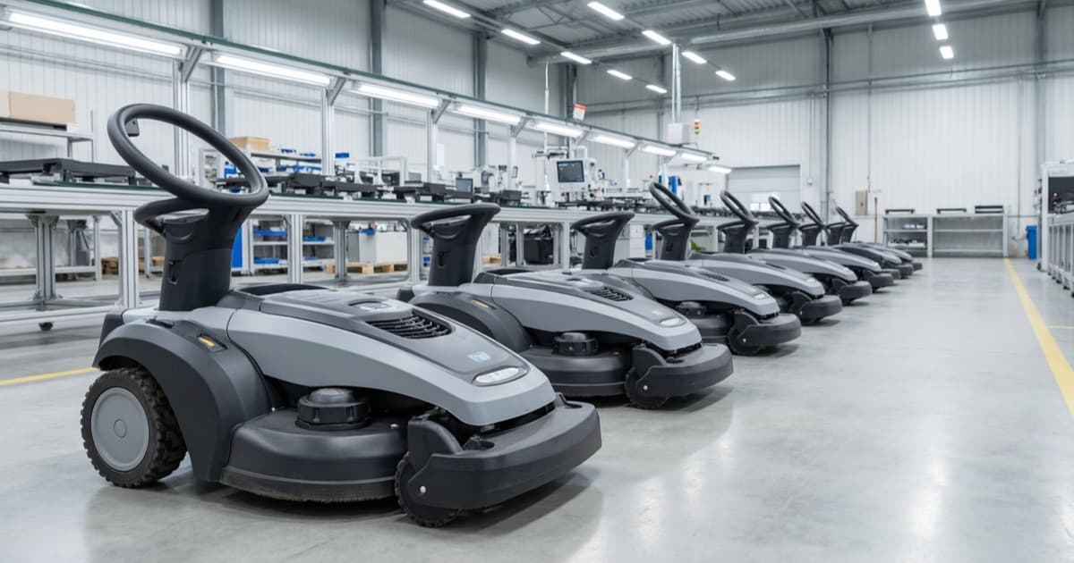 Rows of robot mowers lined up in a bright factory inspection area