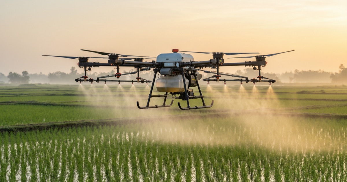 Heavy-lift agricultural spray drone misting a rice paddy at dawn
