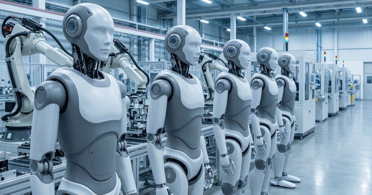 Rows of humanoid robots on an automated assembly line inside a modern factory, illustrating the scale-up the sector is racing toward