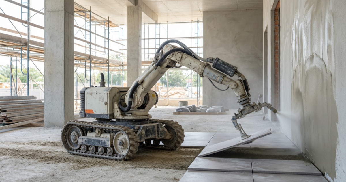 Autonomous interior-finishing robot spraying and troweling a wall on a building site