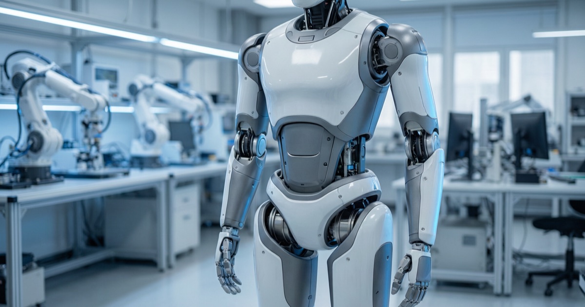 A full-size humanoid robot on display in a robotics lab, showing the articulated joints and structural frame that make up the hardware side of the platform