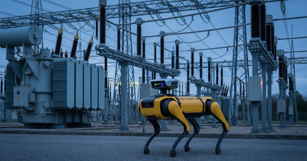 Quadruped inspection robot patrolling an electrical substation at dusk