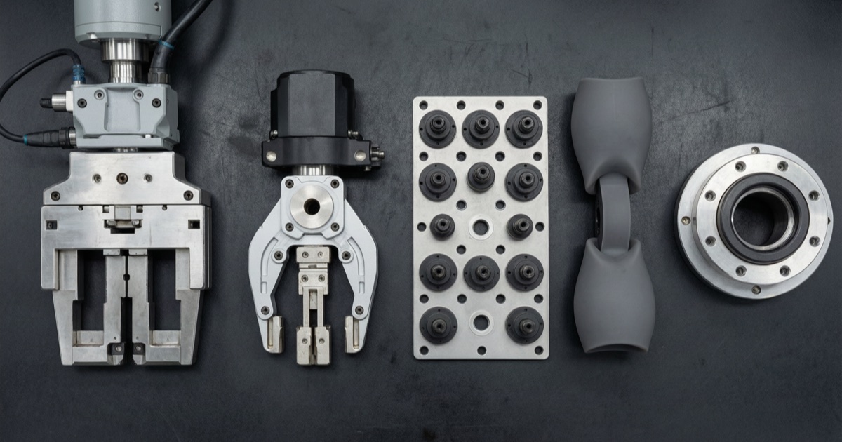 Four end-of-arm tools laid out on a workbench beside a tool changer coupling