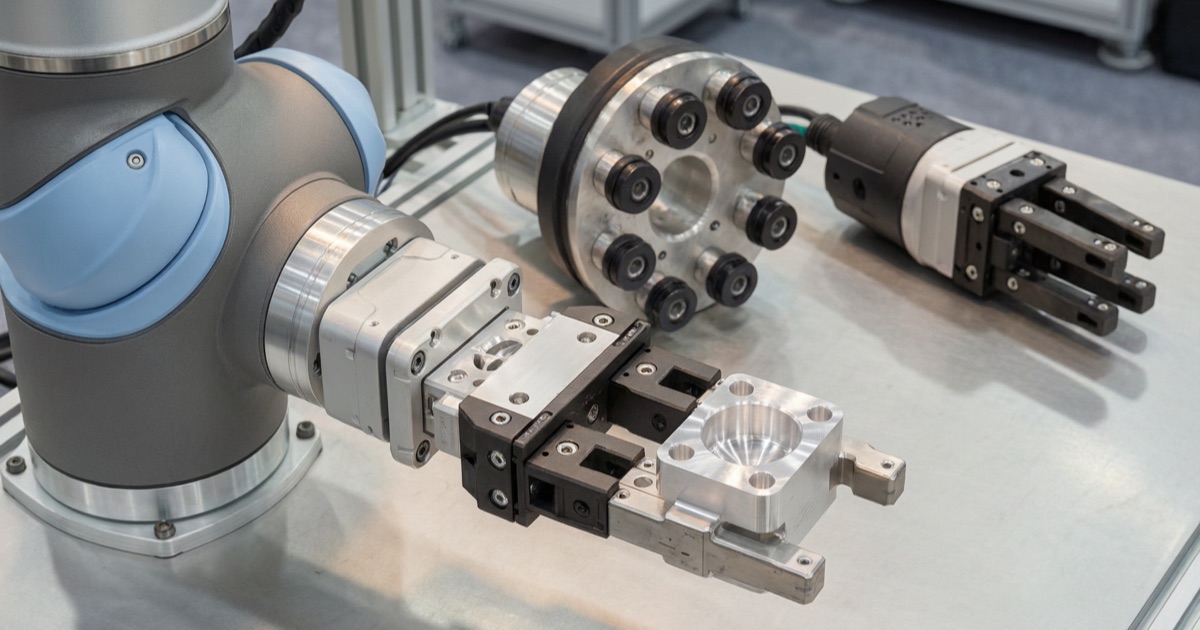 Cobot wrist fitted with a parallel gripper, with a vacuum tool and three-finger gripper on the bench