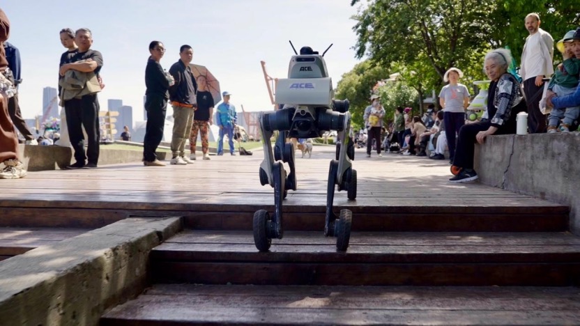 Patrol robot dog navigating mixed pedestrian traffic
