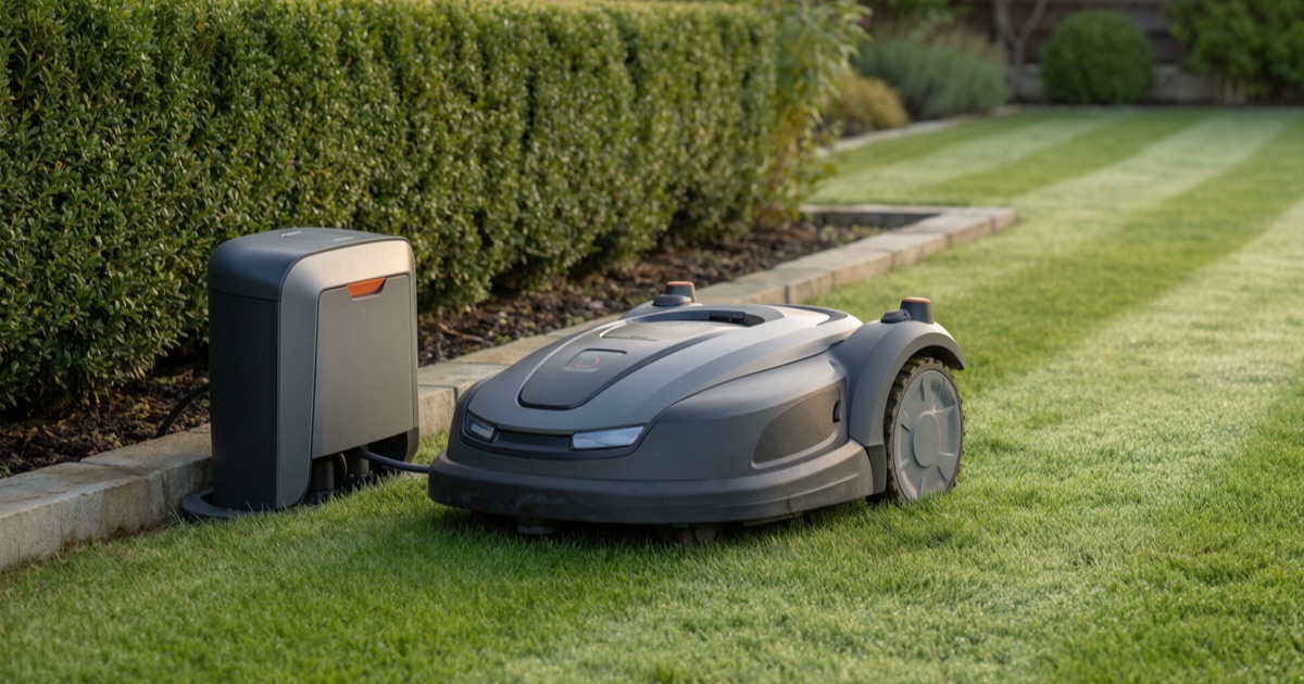 Robot lawn mower returning to its charging dock at the edge of a lawn