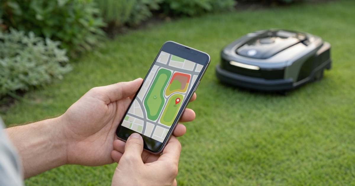 Robot mower owner reviewing lawn zones and theft alerts on a smartphone app