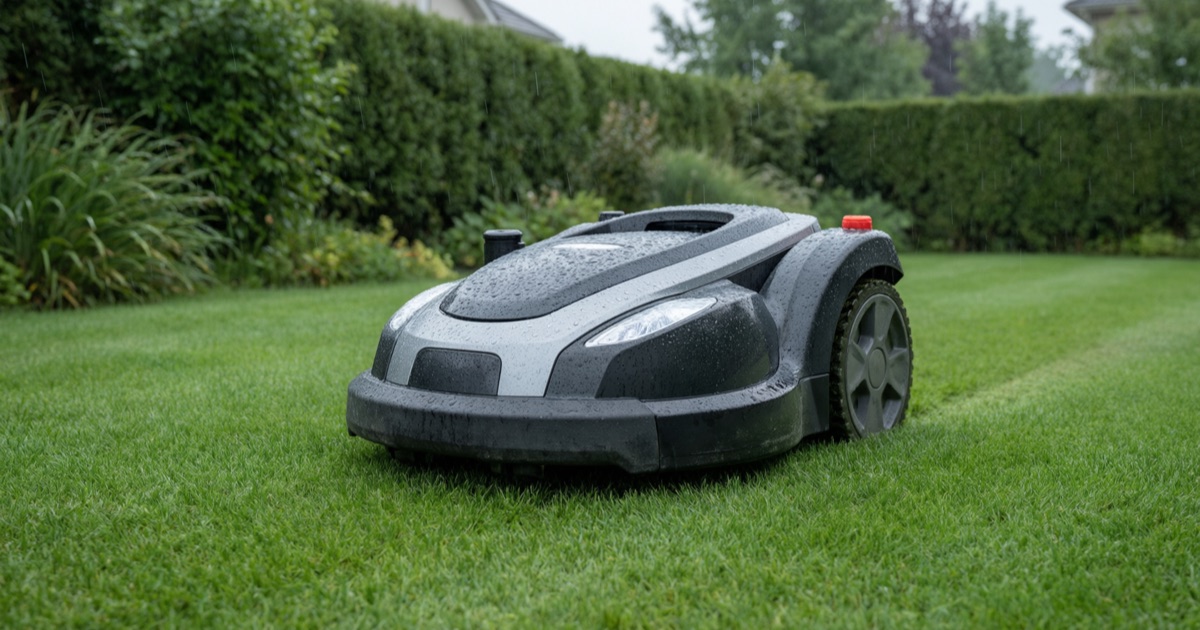 A robot mower working a lush lawn in light rain, water beading on its casing and the freshly cut blades