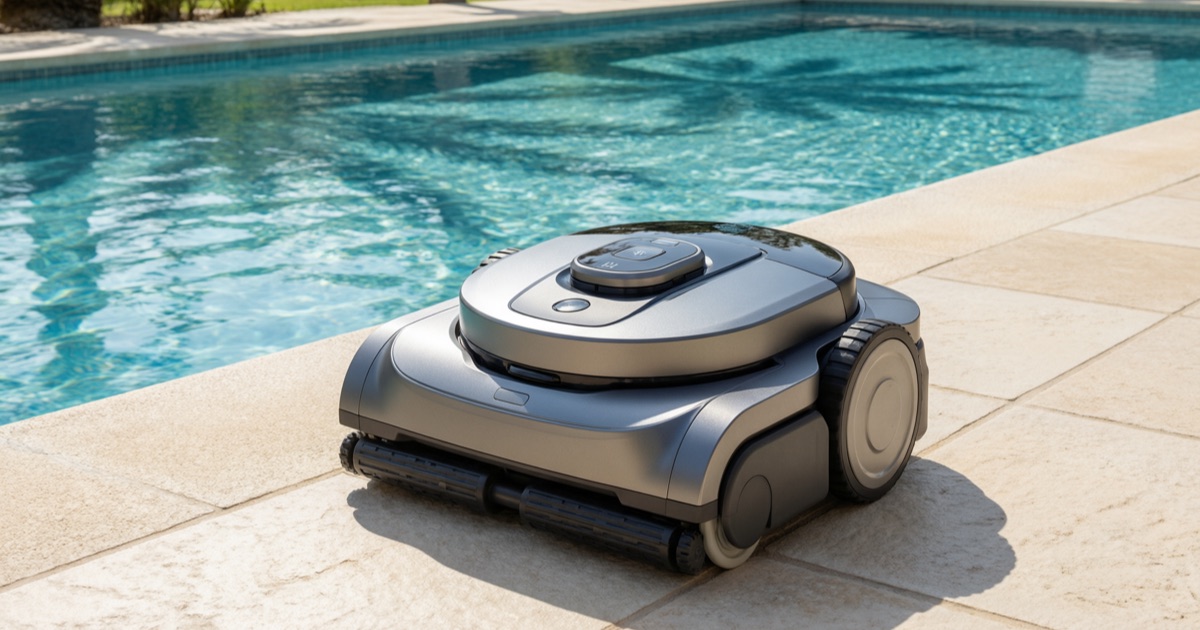 A cordless robotic pool cleaner staged on a resort pool deck