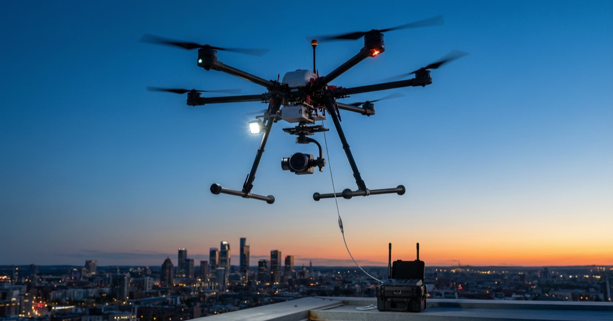 A tethered multirotor drone holding position over a city at dusk, its power-and-data cable running down to a portable ground control station